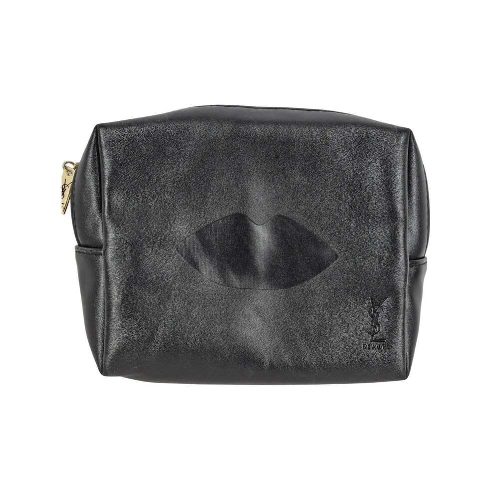 YSL BEAUTY MAKEUP BAG – BLACK LEATHER – GOLD ZIPPER – RARE EMBOSSED LIP DETAIL